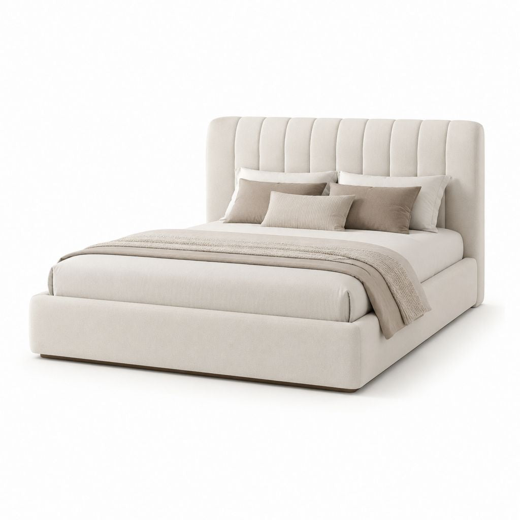 Lit double 160 x 200 cm beige en polyester avec tête de lit capitonnée