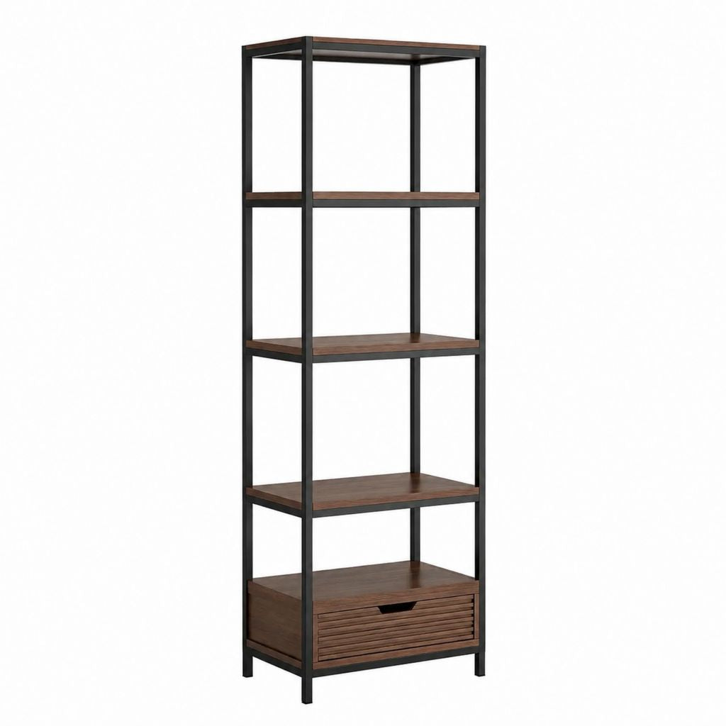 Bibliothèque 5 niveaux avec tiroir noir et marron foncé en acier et panneaux MDF 60 x 35 x 180 cm