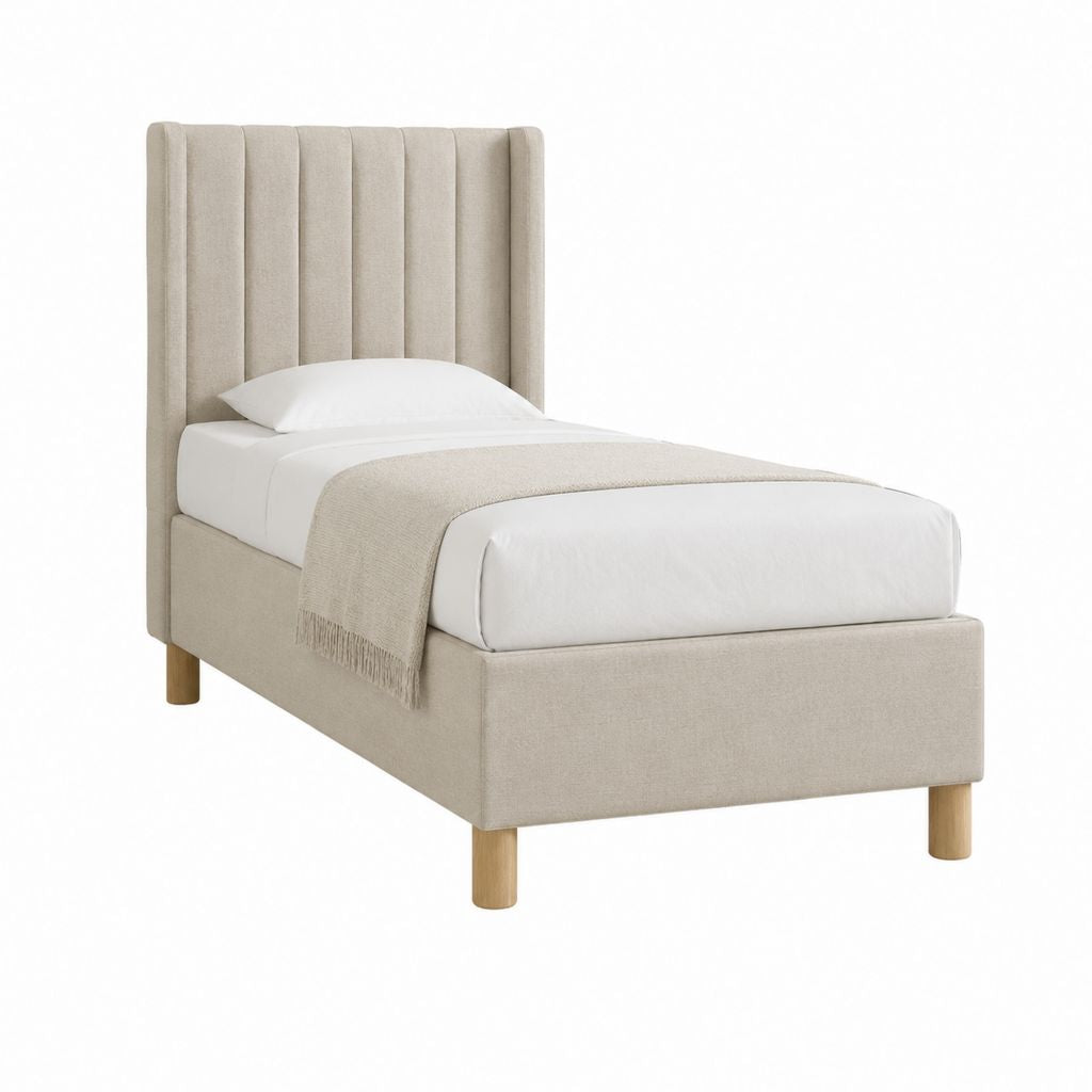Lit simple capitonné beige en polyester 90 x 190 cm avec tête de lit haute
