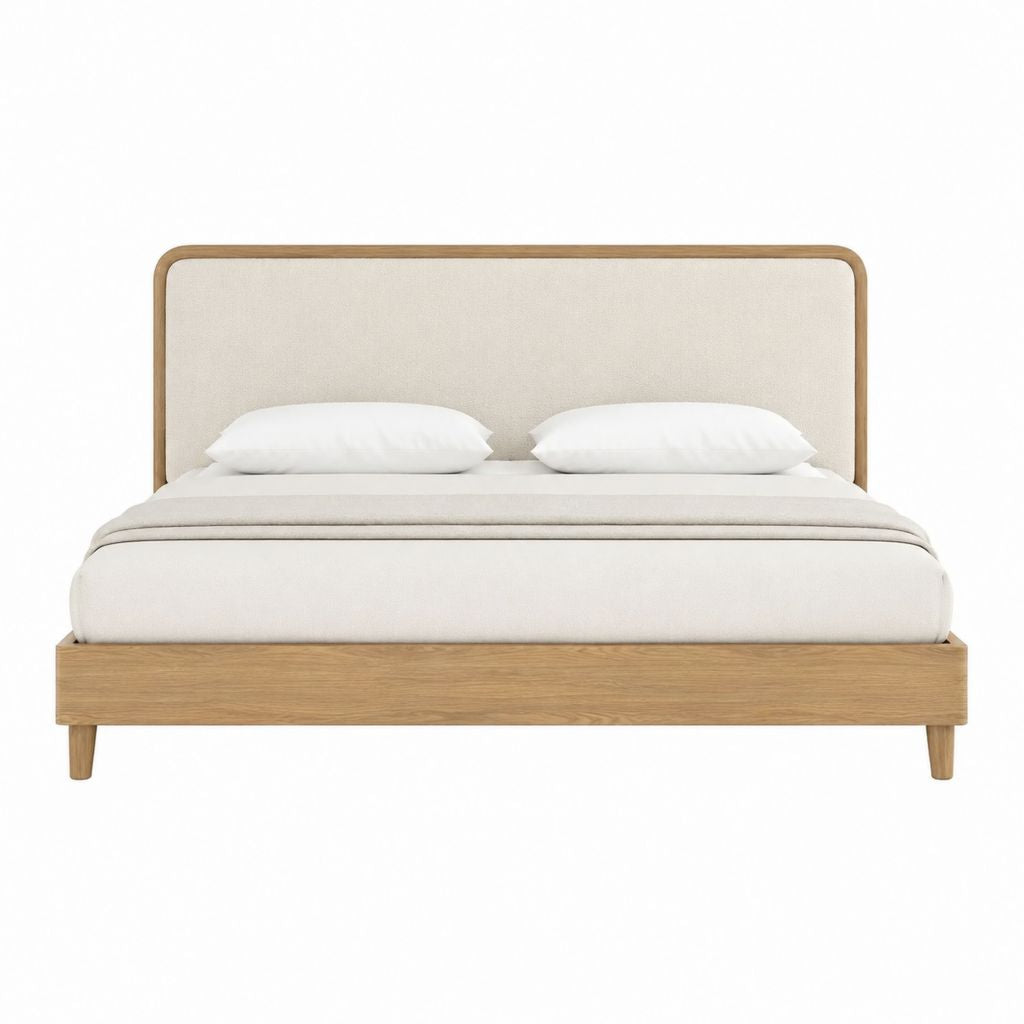 Lit double 160 x 200 cm beige et chêne avec tête de lit capitonnée