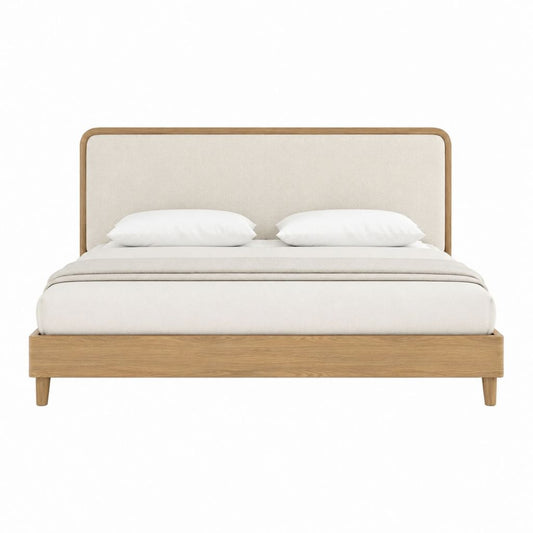 Lit double 160 x 200 cm beige et chêne avec tête de lit capitonnée