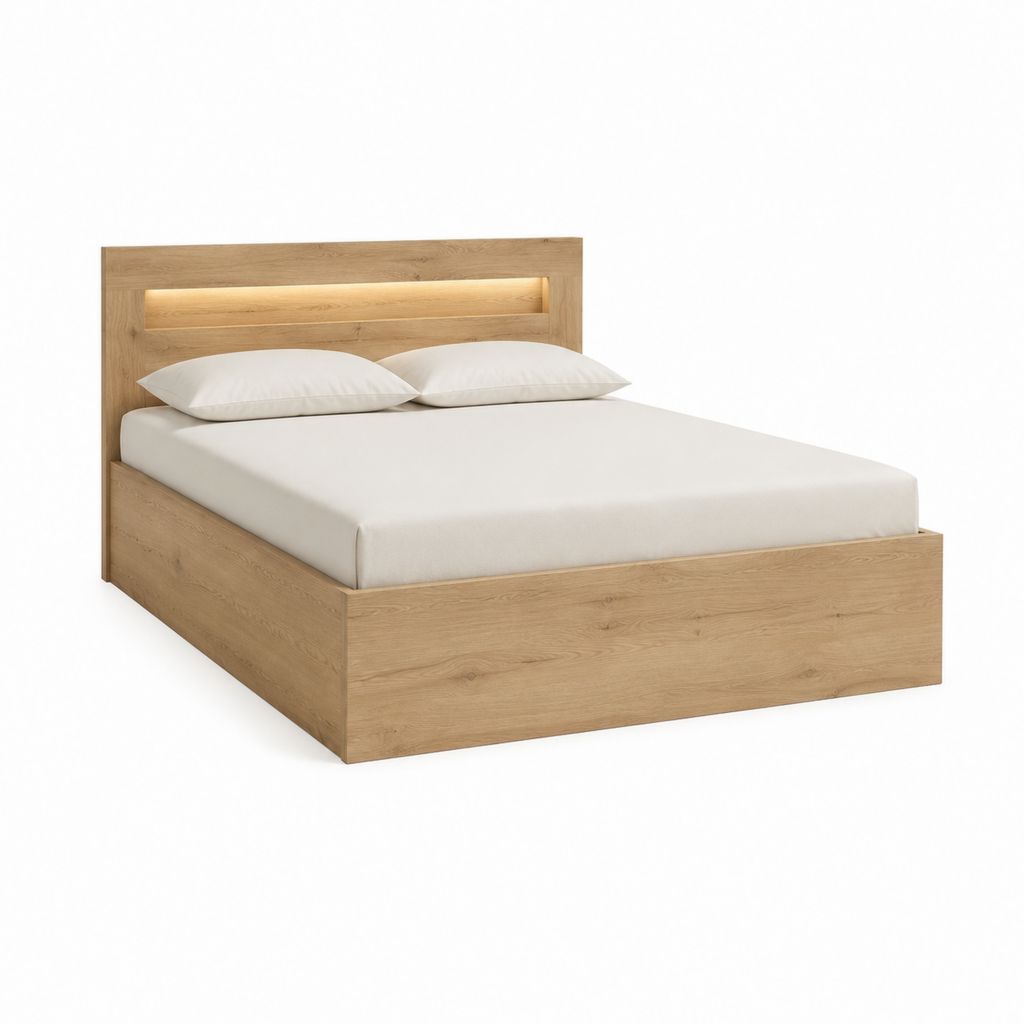Lit coffre 160 x 200 cm chêne clair en panneaux de particules avec tête de lit LED