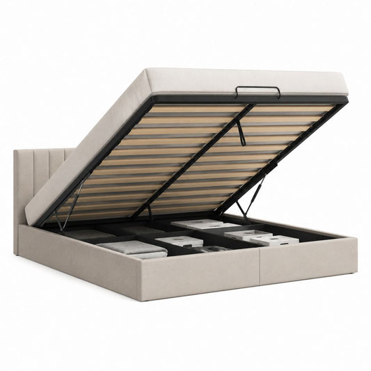 Lit coffre 160 x 200 cm beige en polyester avec sommier à lattes et tête de lit capitonnée