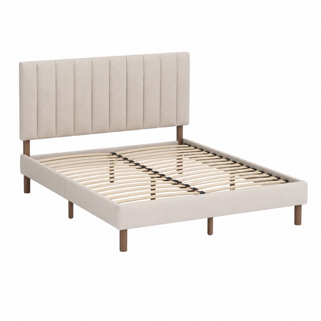 Lit double 160 x 200 cm avec sommier à lattes beige en polyester et pieds en bois massif