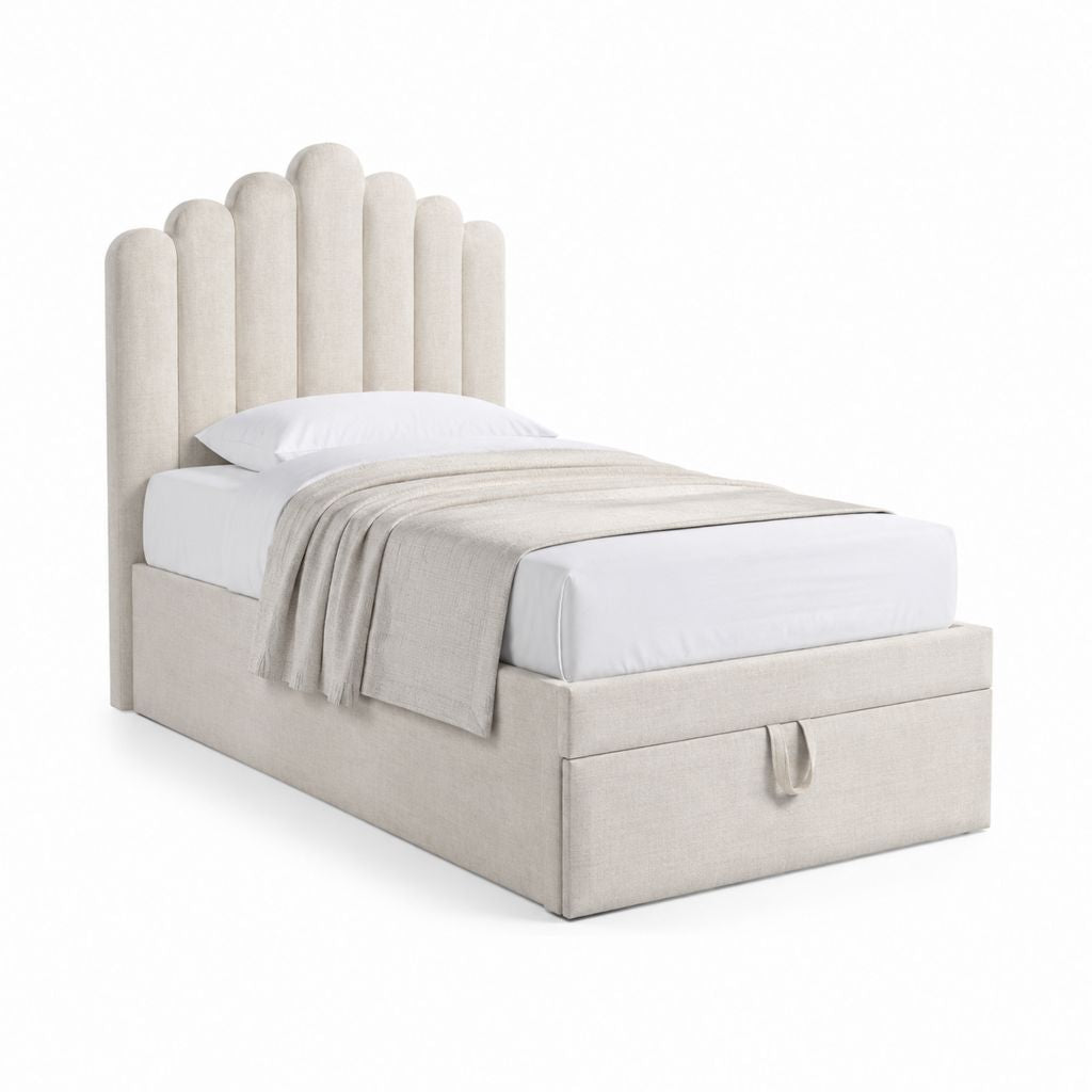Lit coffre 90 x 190 cm beige en polyester avec tête de lit capitonnée