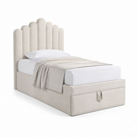 Lit coffre 90 x 190 cm beige en polyester avec tête de lit capitonnée