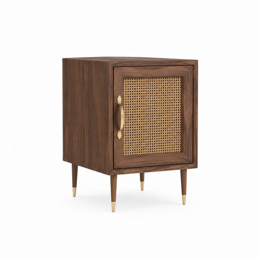 Table de chevet 1 porte en MDF plaqué noyer et rotin naturel marron rectangulaire 45 x 40 x 65 cm
