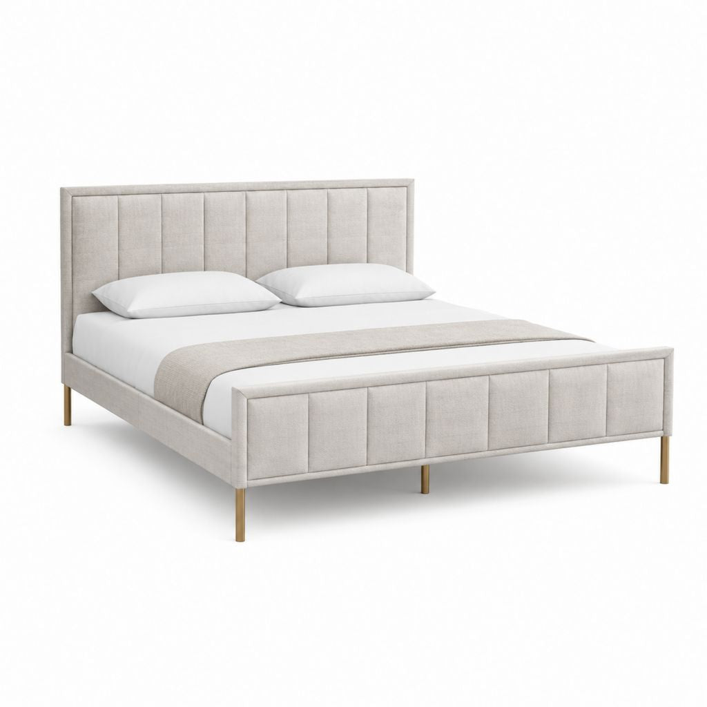 Lit double 160 x 200 cm beige en polyester avec tête de lit capitonnée et pieds en acier