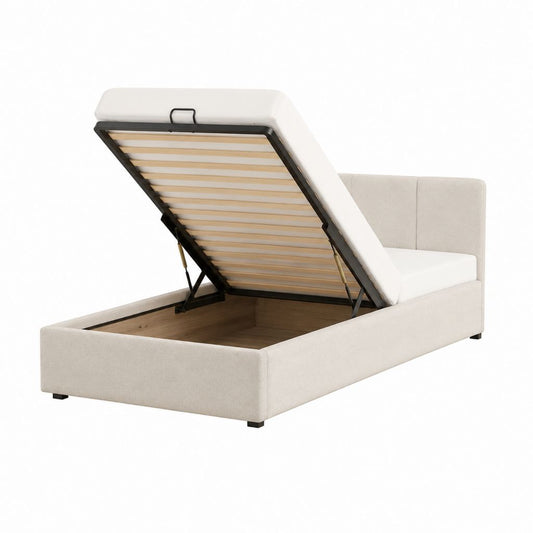 Lit coffre 140 x 200 cm beige en polyester avec sommier à lattes et ouverture hydraulique