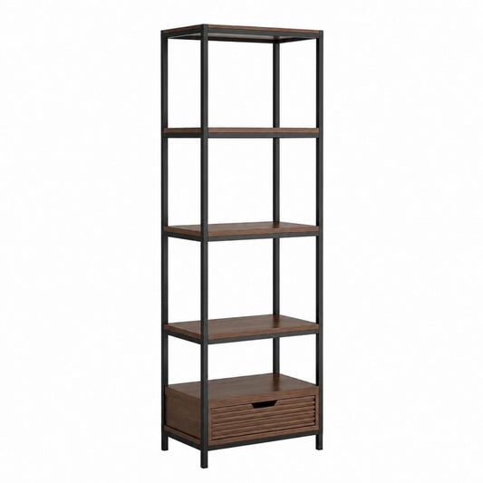 Bibliothèque 5 niveaux avec tiroir noir et marron foncé en acier et panneaux MDF 60 x 35 x 180 cm