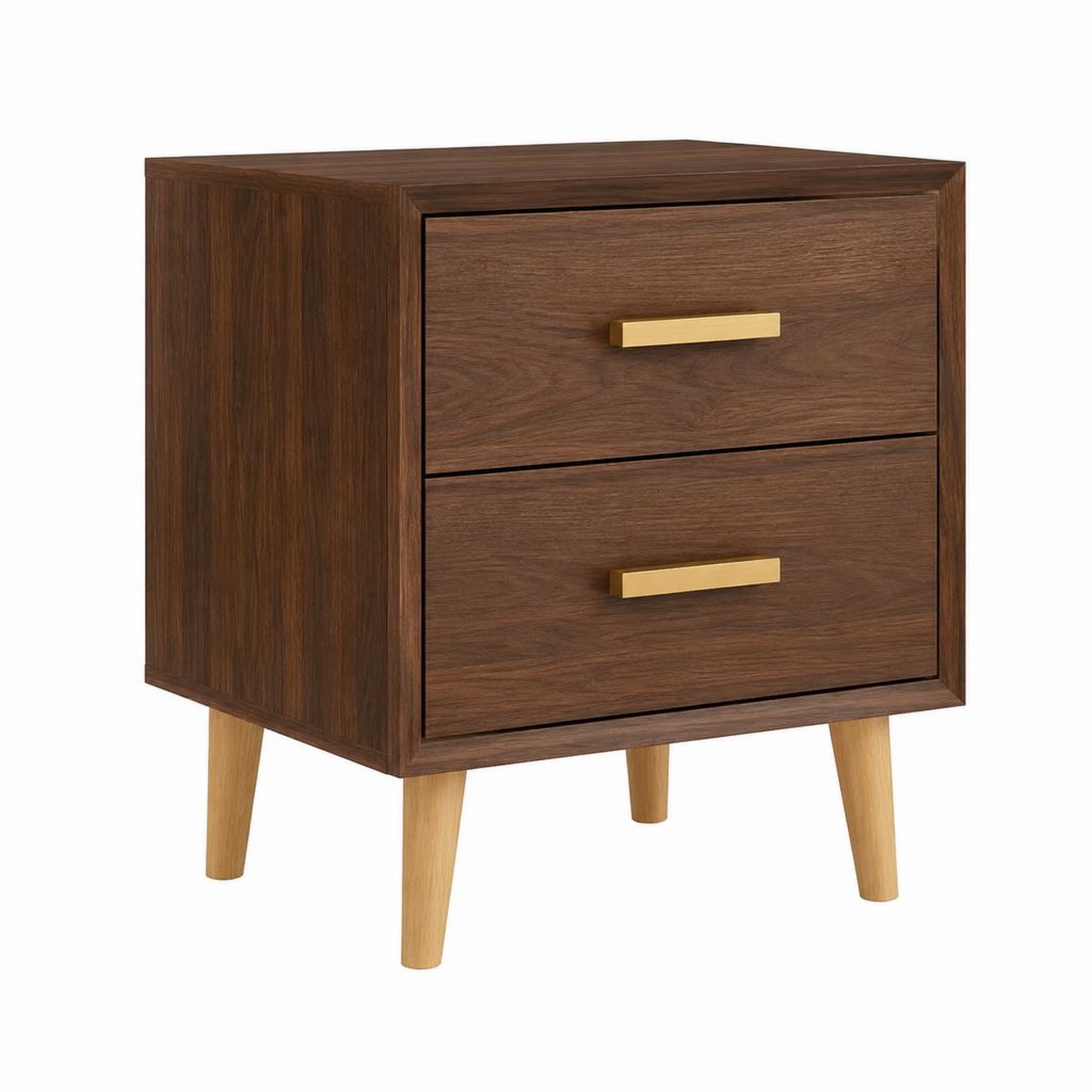 Table de chevet 2 tiroirs marron noyer en MDF plaqué noyer rectangulaire 50 x 40 x 60 cm