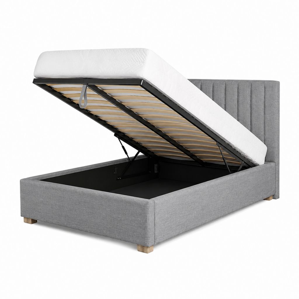 Lit coffre double gris en polyester avec sommier relevable 160 x 200 cm
