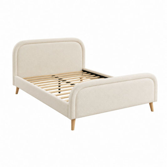 Cadre de lit double 160 x 200 cm beige en polyester avec sommier à lattes et pieds en bois massif