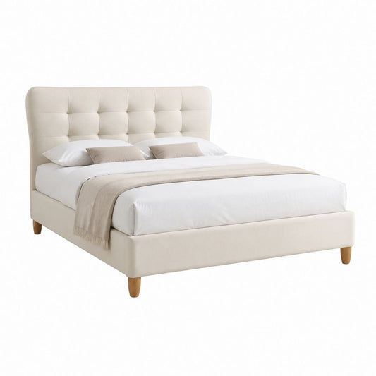 Lit double capitonné rectangulaire beige en polyester avec cadre en contreplaqué 160 x 200 cm
